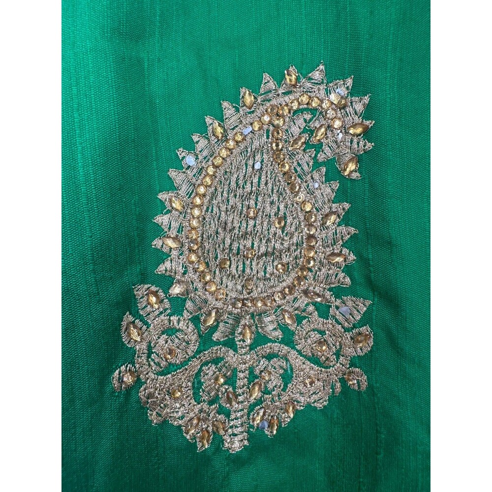 Indian Lehenga Maxi Emerald Green Gold Paisley Embroidered Flare Skirt Sz Small - Picture 7 of 8